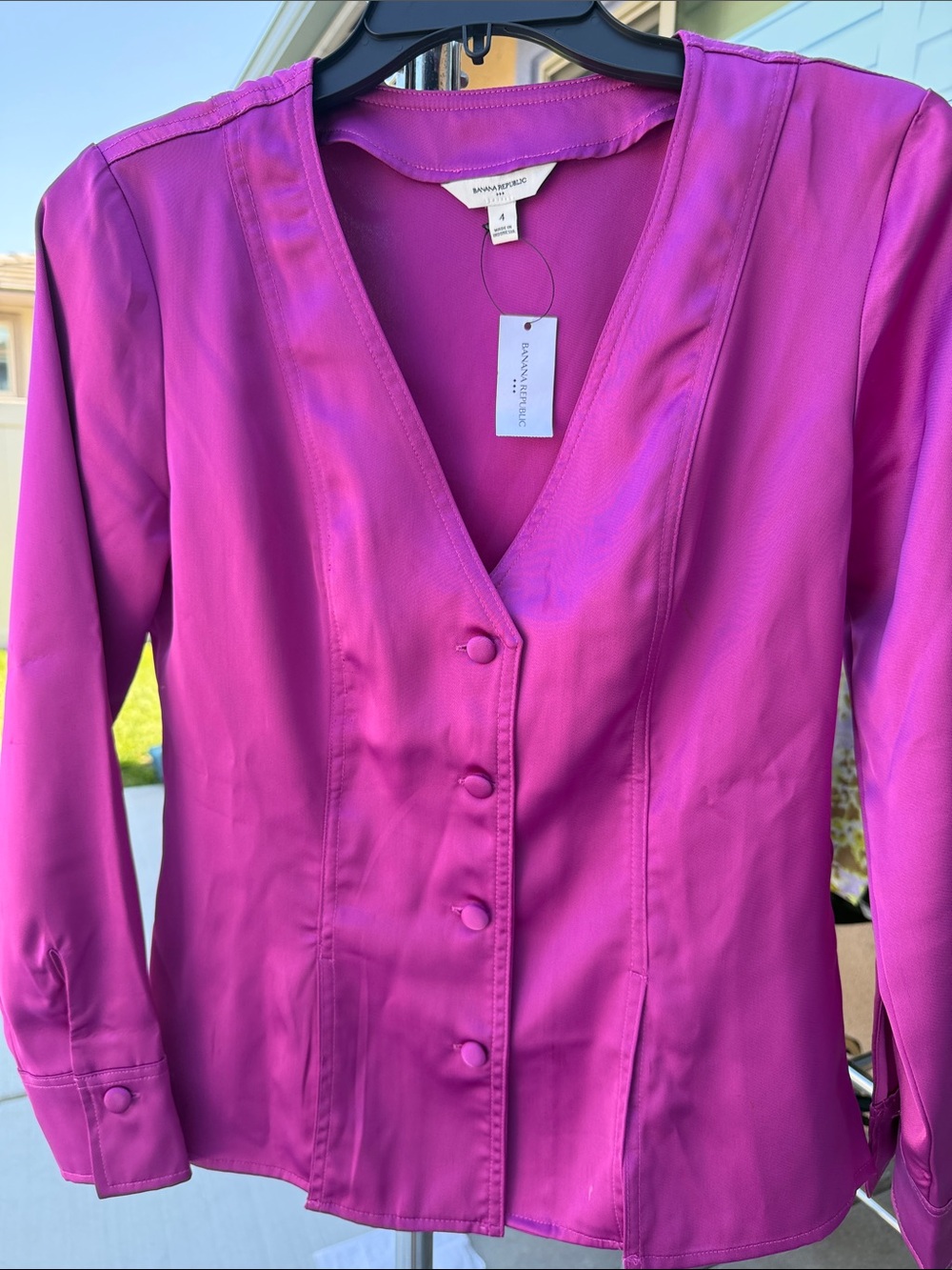 Banana Republic Bright Magenta Satin Button-Front Top